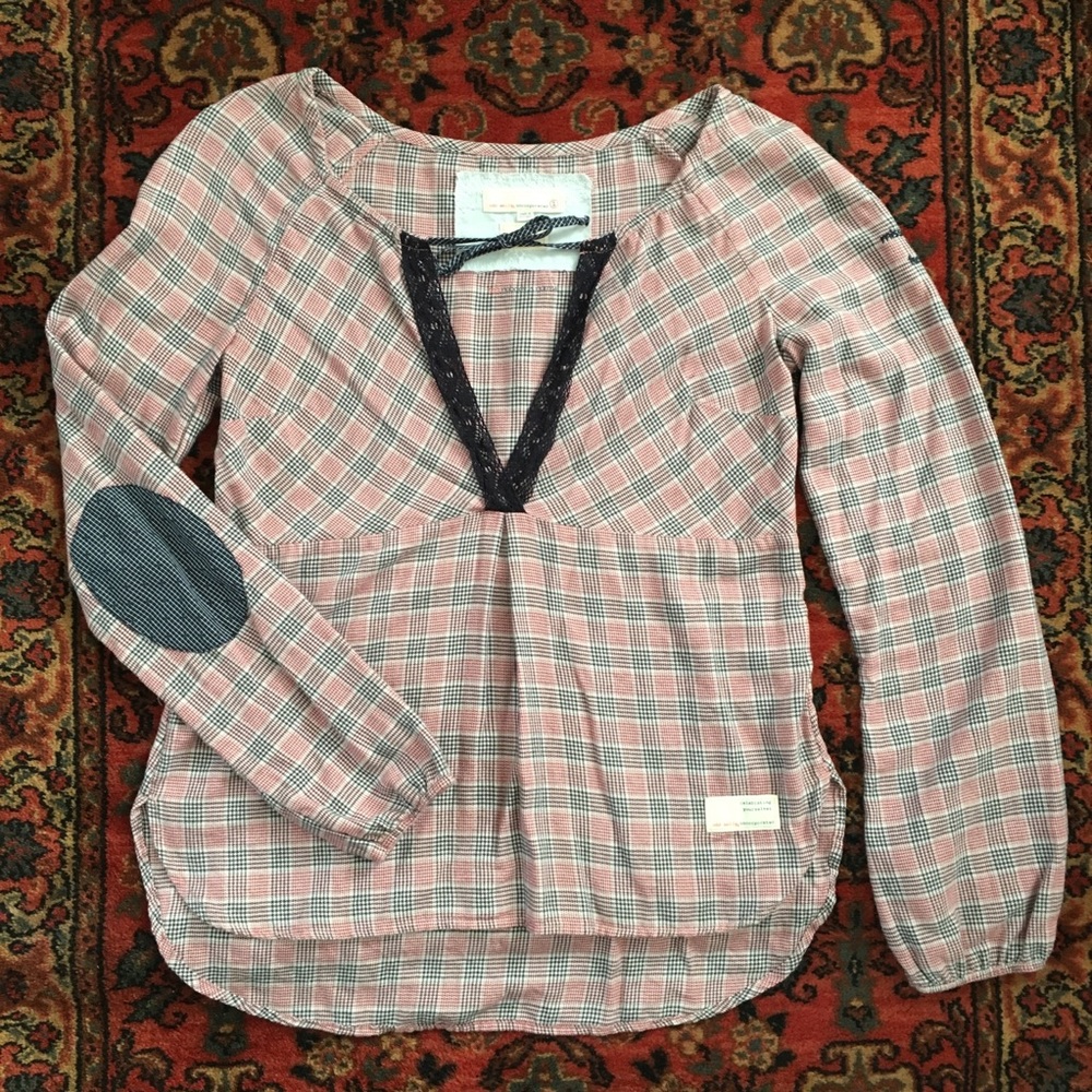 Odd Molly Rare Flannel Plaid Elbow Patch Blouse